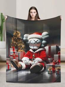 1pc Kawss Kawaii Kaw  Anime Themed Ultra Soft Reversible Flannel Throw Blanket - Contemporary Style, Digital Print, All Seasons Multipurpose Knitted Bedding, Anti-Pilling Polyester