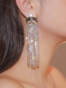 1 Pair High-End Multi-Layer Crystal Rhinestone Long Tassel Earrings, Fashionable Rhinestone Stud Earrings, Party Dress, Daily Versatile, Wedding Dress Earrings - Crystal Rhinestone Tassel Earrings - View 5