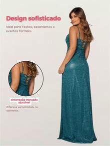 Long Green Glitter Slit Dress – Perfect For Parties, New Year's Eve And Graduations - 寶藍色 - 查看 5