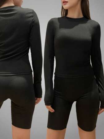 Women's Casual Pure Colour Black Crew Neck Long Sleeve Plain Round Neck T-Shirt, Spring/Autumn