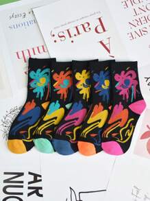 5 Pares Meias Florais de Padrão Colorido Aleatório até a Metade da Panturrilha para Mulheres, Meias Versáteis e Estilosas Adequadas para Uso Casual, Interno, Externo, Esportes