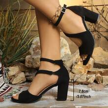 2024 New Fashion Thick Heel Open Toe Sandals For Women, Black Color Versatile High Heels, Sexy & Slim Fit Comfortable Office Wear Dress Sandals - Black - View 7