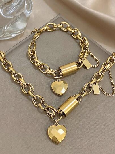 2pcs/1pc 18K Gold Plated Heart Lock Pendant Necklace & Bracelet Set, Stainless Steel Chunky Chain Jewelry, Mother's Day Gift, Boho Beach Layered Accessories, Summer Travel Essential, Graduation Ceremony, Gold Bracelet, Prom Accessories