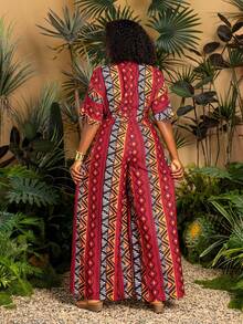 Faeriesty 大码时尚阔腿连体裤 - V领短袖修身连体裤：轻松打造时尚造型，适合购物、海滩漫步、周末度假、公园散步和休闲城市探索！ - 紅色 - 查看 2