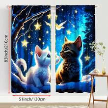 2 件可爱小猫窗帘 - 俏皮猫咪设计，蓝色窗帘和闪烁灯光，耐用涤纶面料，半透明，适用于客厅或卧室装饰（不含杆），卧室窗帘 | 猫咪主题装饰 | 杆袋风格，客厅窗帘 - 彩色 - 查看 24