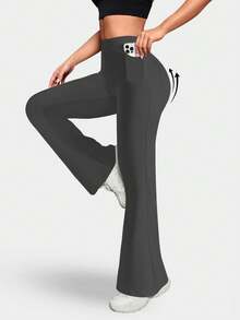 Women Pocket High Waist Slim Wide Leg Pants Seamless Sports Yoga Flared Leggings Gym Butt Lifting Running Training Bootcut Solid Color Sports Pants Full Length Elastic Waistband Pants Stretchy Work Pants Black Round Neck Sports Pants Casual Tights Sports Trousers