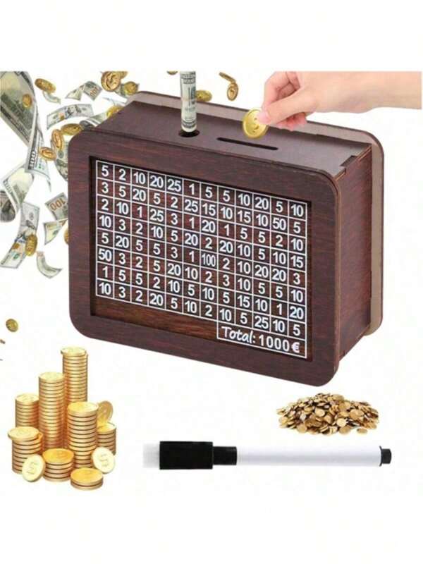 1pc 1000 Euro Numbered Wooden Money Box Piggy Bank, Light Brown Shade, Decorative Desktop Coin Holder, Back To School Essential, Cash Vault Wooden Savings Box, With Money Sign And Counter, 2025 New Wooden Cash Savings Box, Cash Savings Box, Coin Counter Piggy Bank, Wooden Money Box With Counter, Best Gift Color And Style Random