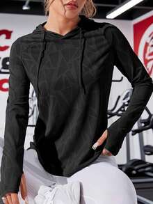 2025 秋季时尚长袖运动衫，抽绳连帽提花插肩休闲针织舒适宽松套头衫弧形下摆户外瑜伽健身 - 黑色 - 查看 1