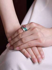 1 件复古中国风景泰蓝锦鲤莲花开口可调节戒指，奢华日常珠宝礼物，适合男女