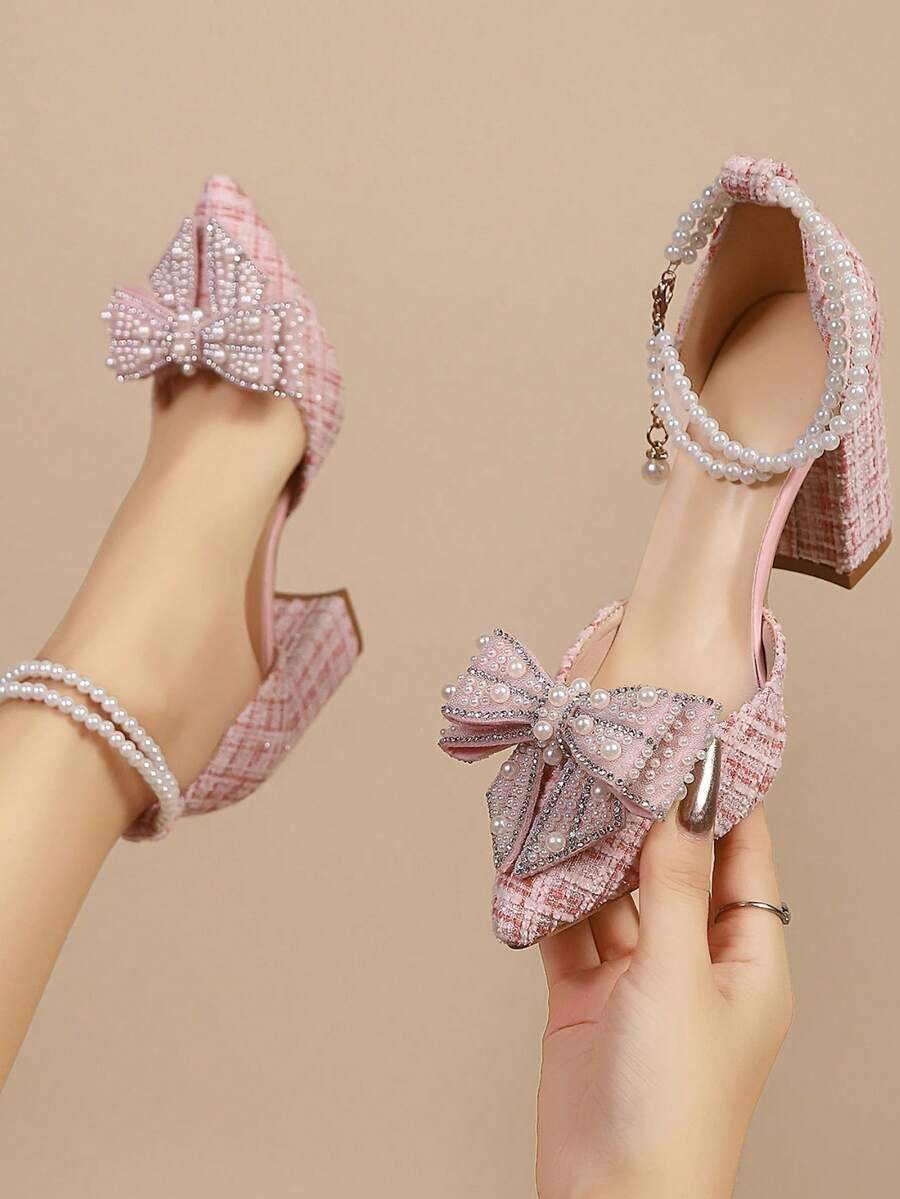 2025春夏新款尖头高跟鞋，蝴蝶结透明仙女带法式凉鞋，镶钻，优雅，女士高跟鞋，优雅，派对装扮，婚礼装扮 - 粉色 - 查看 1