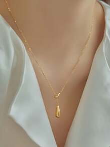 1pc Stainless Steel Minimalist Design Double Water Drop Tassel Adjustable Necklace, Elegant For Daily Wear