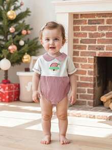 Baby Christmas Romper Long Sleeve Doll Collar Santa Embroidery Bodysuit Newborn Playsuit - Red - View 3