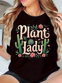 Plant Lady Graphic T-Shirt - Comfortable And Breathable For Casual Wear - Black - View 1