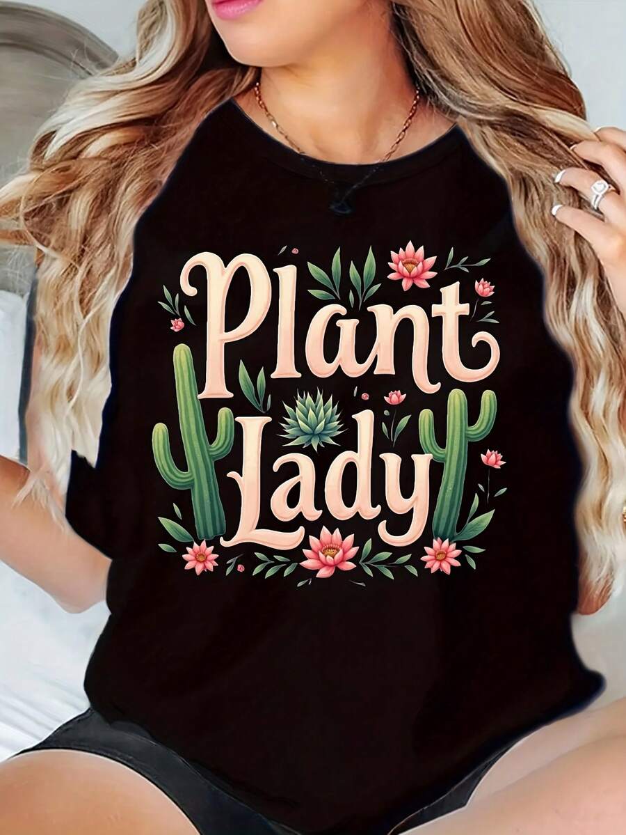 Plant Lady Graphic T-Shirt - Comfortable And Breathable For Casual Wear - Black - View 1