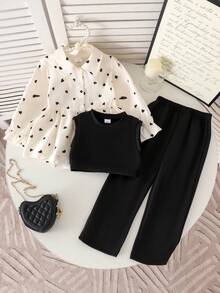 3 件套年轻女孩优雅无袖背心，带荷叶边袖衬衫和裤子套装，春秋季