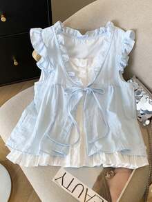 可爱荷叶边休闲女式上衣，系带前开襟二合一韩版盖袖 T 恤，返校季