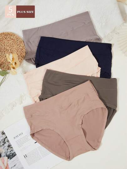 5pcs/Pack Plus Size Women's Solid Color High Waist Elastic Comfortable Elegant Bikini Panties