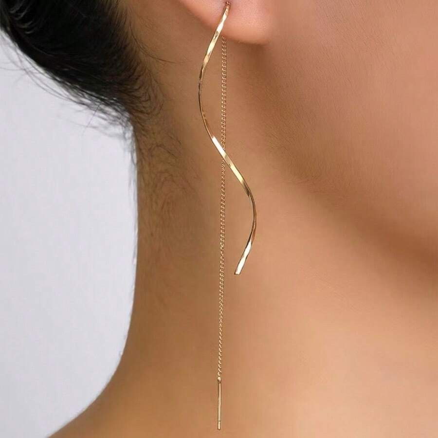 1 Pair Fashion Wave Shape Long Wire Earrings For Women 18k Gold Plated - 金子 - 查看 1