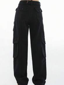 Multi Pocket Loose Slim Straight Pants  Plain    Casual    Zipper    Daily - màu đen - Xem 3