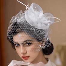 1pc Bridal Headdress Vintage Veil Banquet Dress Net Yarn Feather Cocktail Dress Hair Accessory