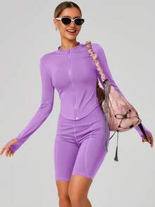 Women's Fashion Stand Up Collar Zipper Long Sleeve Yoga Jacket Tight And Soft Yoga Clothing Outdoor Fitness Sports Top Jacket Suitable For Fitness Exercise In Autumn - Violet Purple - View 2