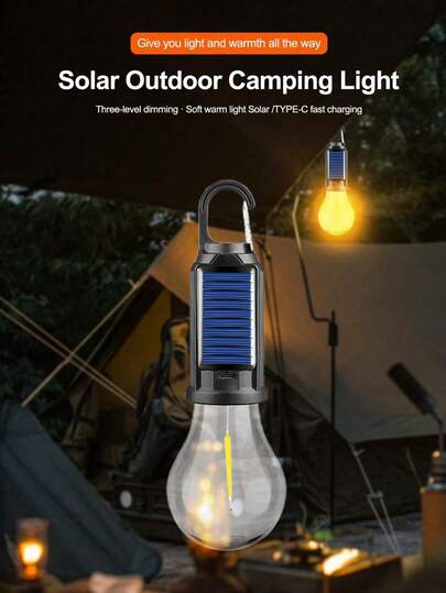 1PC Outdoor LED Light Solar Energy Rechargeable Bulbs High Brightness Emergency Light Hook Up Camping Fishing Portable Lantern Night Lamp, Solar Power Built In Battery Lights Outdoor Hiking