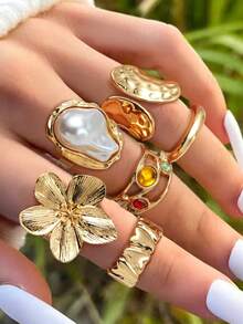 6 件 CCB 夸张性感奢华花朵戒指套装，不对称仿珍珠设计可调节女士戒指，适合日常、派对、婚礼佩戴，可作为送给女友、朋友的珠宝礼物 - 金色4 - 查看 6