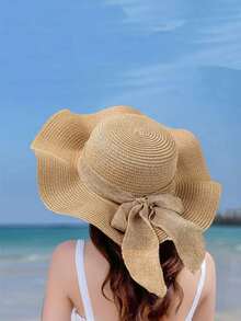 3 件套女士沙滩托特包套装（带肩带），包含女士沙滩帽和化妆包、玫瑰心形花环字母 A-Z、带侧袋的个性化礼品袋、带围巾的沙滩包、女士卡其色波浪沙滩遮阳帽，适合春夏海滩度假和户外婚礼、生日、节日 - 卡其色 - 查看 6