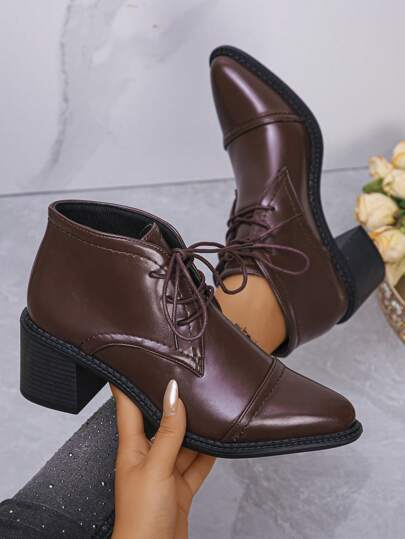 Outdoor Ankle Boots, Chunky Heel, Lace-Up, Solid Color, Sexy, Fairy, Street, Retro Y2K, Party, Elegant, Western Style, Nightclub, Faux Leather Patchwork, Wedding, School, Vacation, Office, Holiday, Outdoor, Home, Summer, Autumn, All Season, Fall, Winter