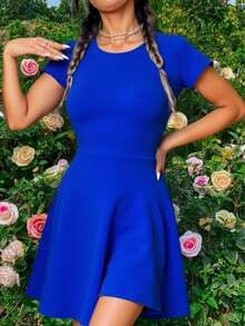 Vestido corto elegante bonito dama mujer manga corta escote redondo cintura ajustada falda corta semicircular diseño elegante clásico ideal para eventos formales  ocasiones especiales día noche fiesta evento cocktail trabajo comida cena jardín playa vacaciones festival graduación primavera verano - azul real - Ver 2