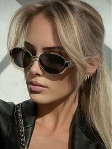1pc Elliptical Personalized Metal Small Round Retro Fashion Glasses - Silver Frame Black Gray Film - View 2