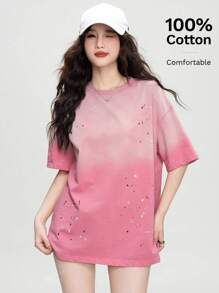 Black & White Ombre Color Block Wash Engineered Design Short Sleeve Mid-Length T-Shirt For Women, Summer Top