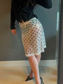 Women's Summer Skirts Sequins Lace Trim Elastic Waist See Through Short Pencil Skirts - trắng - Xem 6