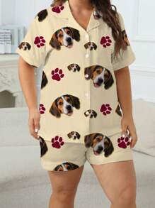 Conjunto de pijama de verano para mujer talla grande, short de manga corta con cuello polo, estampado personalizado de pata de mascota, ropa de estar en casa casual