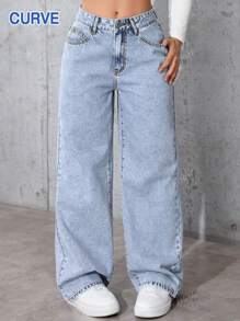 Jeans droits casual et lâches en denim lavé pour femmes grande taille
