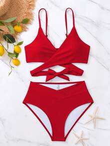 Bikini minimalista de unicolor 2025, ropa de baño de playa de vacaciones de verano - Rojo - Ver 1
