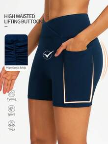ROYALS MATTINI 女式海军蓝骑行瑜伽短裤，女式运动紧身裤和短裤，春夏健身短裤，带口袋，褶皱提臀，速干，交叉腰部弹力紧身修身骑行和跑步运动短裤 - 藏蓝色 - 查看 1