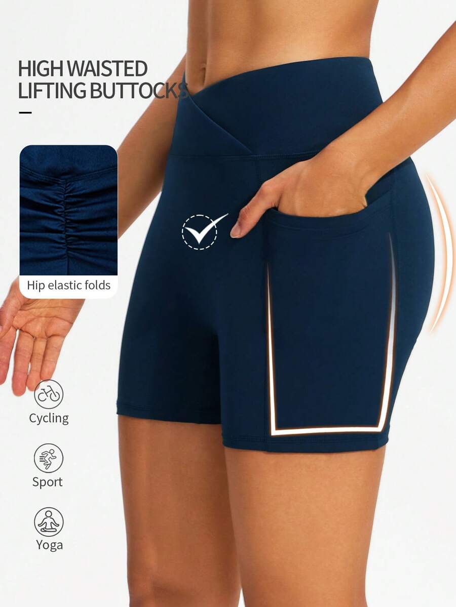 ROYALS MATTINI 女式海军蓝骑行瑜伽短裤，女式运动紧身裤和短裤，春夏健身短裤，带口袋，褶皱提臀，速干，交叉腰部弹力紧身修身骑行和跑步运动短裤 - 藏蓝色 - 查看 1