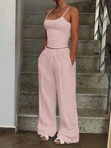 极简主义吊带背心和阔腿裤套装，无袖，纯色，修身款 - 珊瑚粉 - 查看 4
