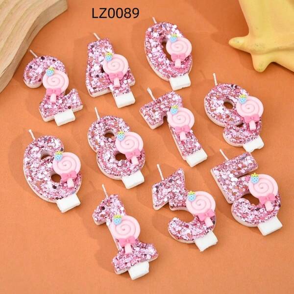 1pc Number 0-9 Digit Birthday Candles,Pink Candy With Glitter Sequins, Suitable For Birthday Party Cake Decoration, Suitable For Anniversary Parties,Suitable Wedding Anniversary,Cake Decoration Pure Handmade DIY,Preferred Gift