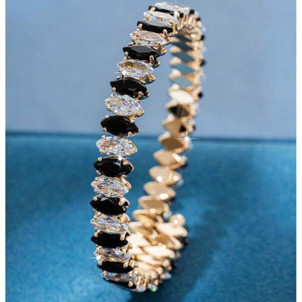 1pc Elegant Cubic Zirconia Black & White Horse Eye Spacer Bracelet, Women's Wedding Party Jewelry
