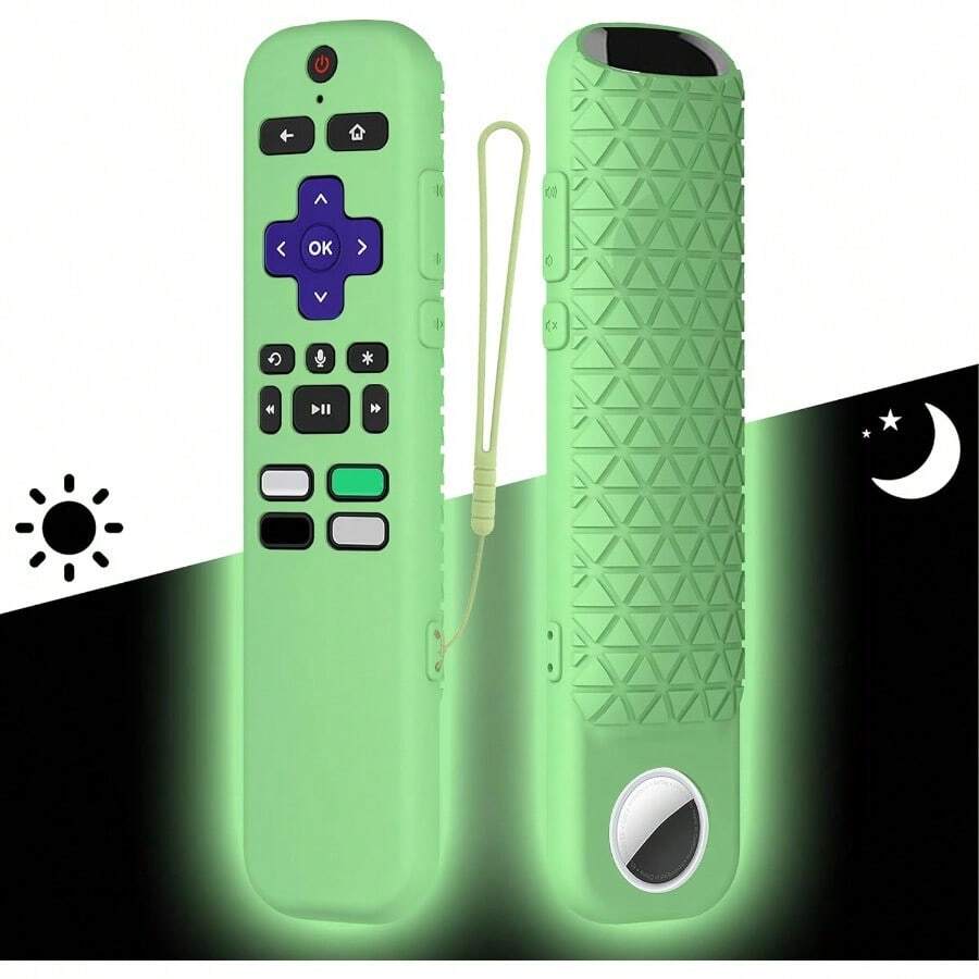 Seltureone 2 In 1 Remote Cover With Tracker Holder For Roku Voice Remote Glow In The Dark Roku Remote Cover Silicone Protective Case Anti Slip Shock Absorption Washable Green - 綠色 - 查看 1