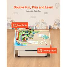 Train Table, 100 Multicolor Pieces Wooden Kids Activity Table With Rolling Storage Drawer, 3-In-1 Wooden Train Set For Gaming, Drawing, Reading, Eating, Creative Toy Set For Kids Ages 3+ - 100 Multicolor Pieces - View 2