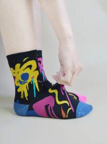 5 Pares Meias Florais de Padrão Colorido Aleatório até a Metade da Panturrilha para Mulheres, Meias Versáteis e Estilosas Adequadas para Uso Casual, Interno, Externo, Esportes