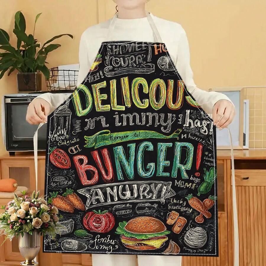 1 件 2D 平面印花汉堡涂鸦板亚麻围裙，适合家庭烹饪、厨房穿着和烹饪爱好者 - 彩色 - 查看 1