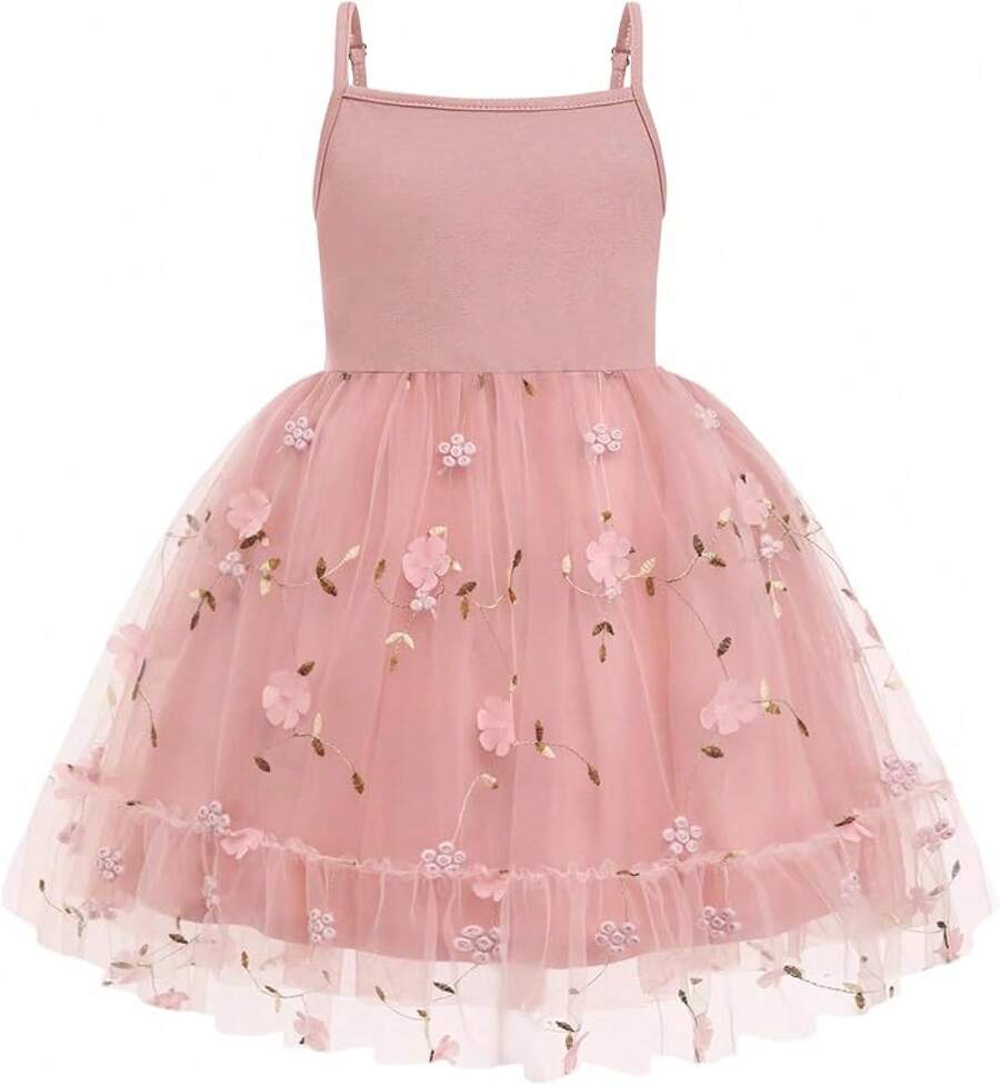 2025Toddler Girls Tulle Dress Rainbow Tutu Birthday Princess Dresses Formal Photo Shoot Outfit Summer Clothes 2-6T'Sprout Style' - 塵土飛揚的玫瑰 - 花朵薄紗 - 查看 1