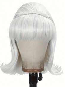 Peluca negra sintética resistente al calor de 14" para mujeres con flequillo plano y ondas rizadas, con gorro de red de rosa y accesorio de disfraz elegante para cosplay, vacaciones, festivales de música, estilo de peinado de 1940, cómodo ajuste del gorro, accesorios para pelucas
