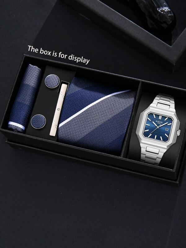 6pcs Set Men's Casual Fashion Versatile Elegant Watch + Novelty Tie Combo, A Romantic Holiday Gift For Him, Ideal For Valentine's Day And Carnival Festivities, Graduation/Back To School Season