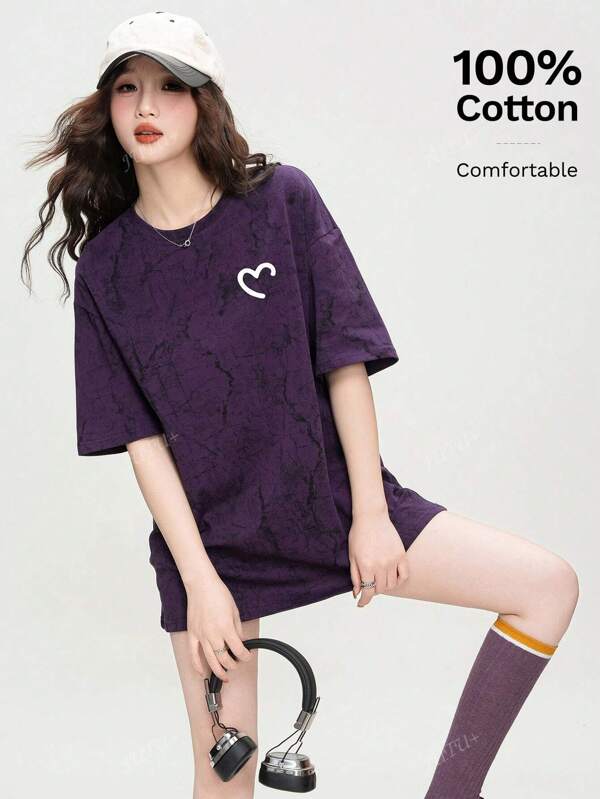 Heart Printed Loose Casual Short Sleeve T-Shirt For Daily Wear