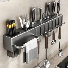 Wandmontierter Messerhalter & Utensilien Organizer - platzsparender Küchen-Aufbewahrungsständer mit Haken für Messer, Schneidbretter, Spatel, Schneebesen und Kochutensilien - stabiles schwarzes Metall, modernes Design, hält Arbeitsplatte aufgeräumt und effizient | Zeitgenössische Heimdekoration | Sicher an der Wand montiert, Küchen-Aufbewahrung & Organizer-Tool